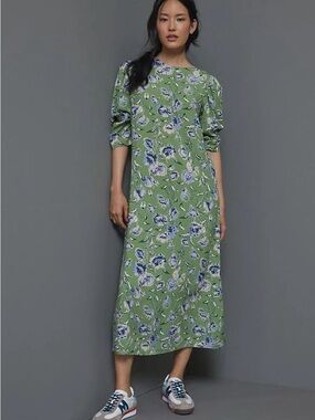 Anthropologie Porridge Lausanne Floral Green Midi Dress Size Medium